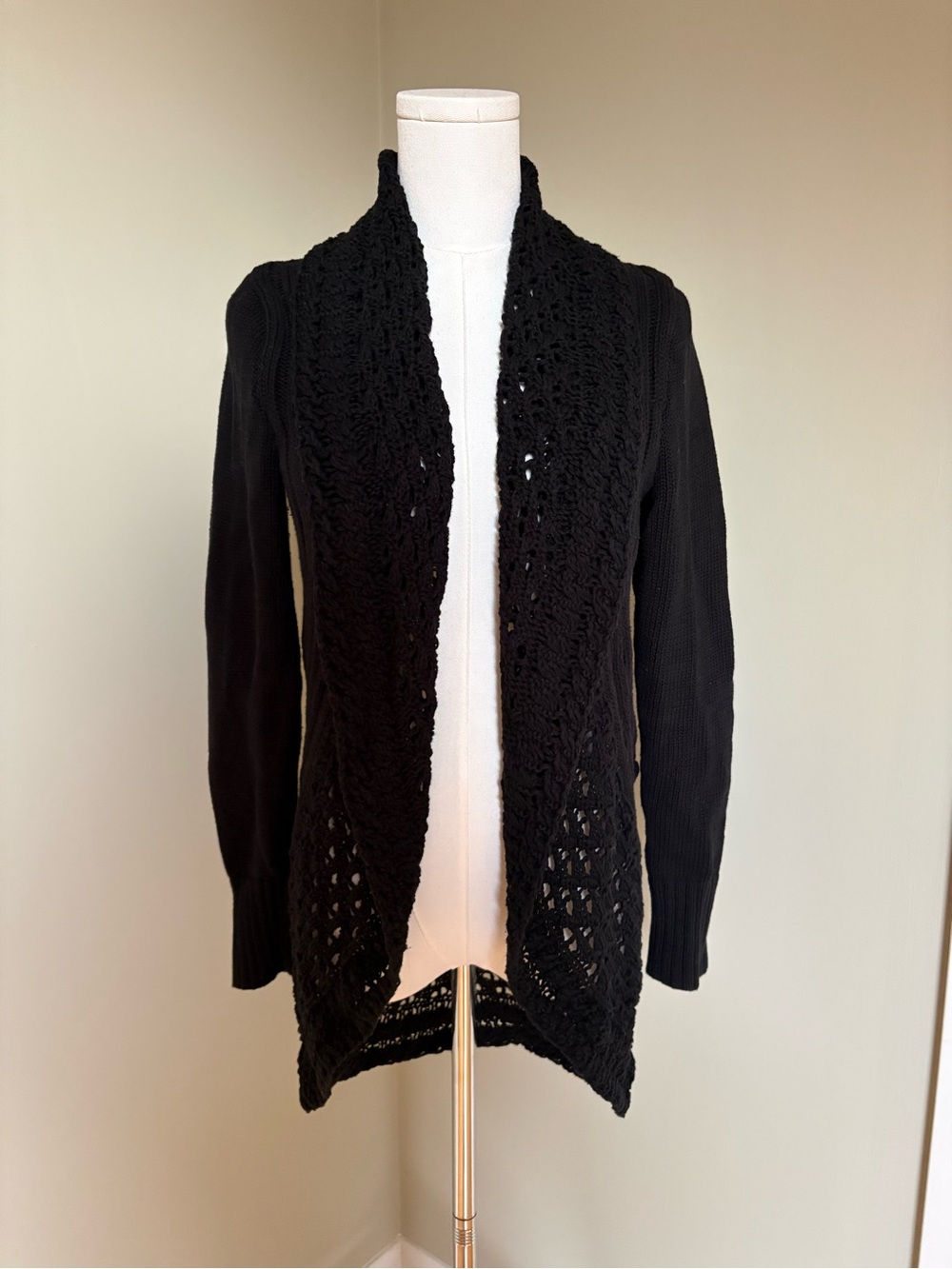 Eddie Bauer Black Open-Front Crochet Trim Sweater Cardigan